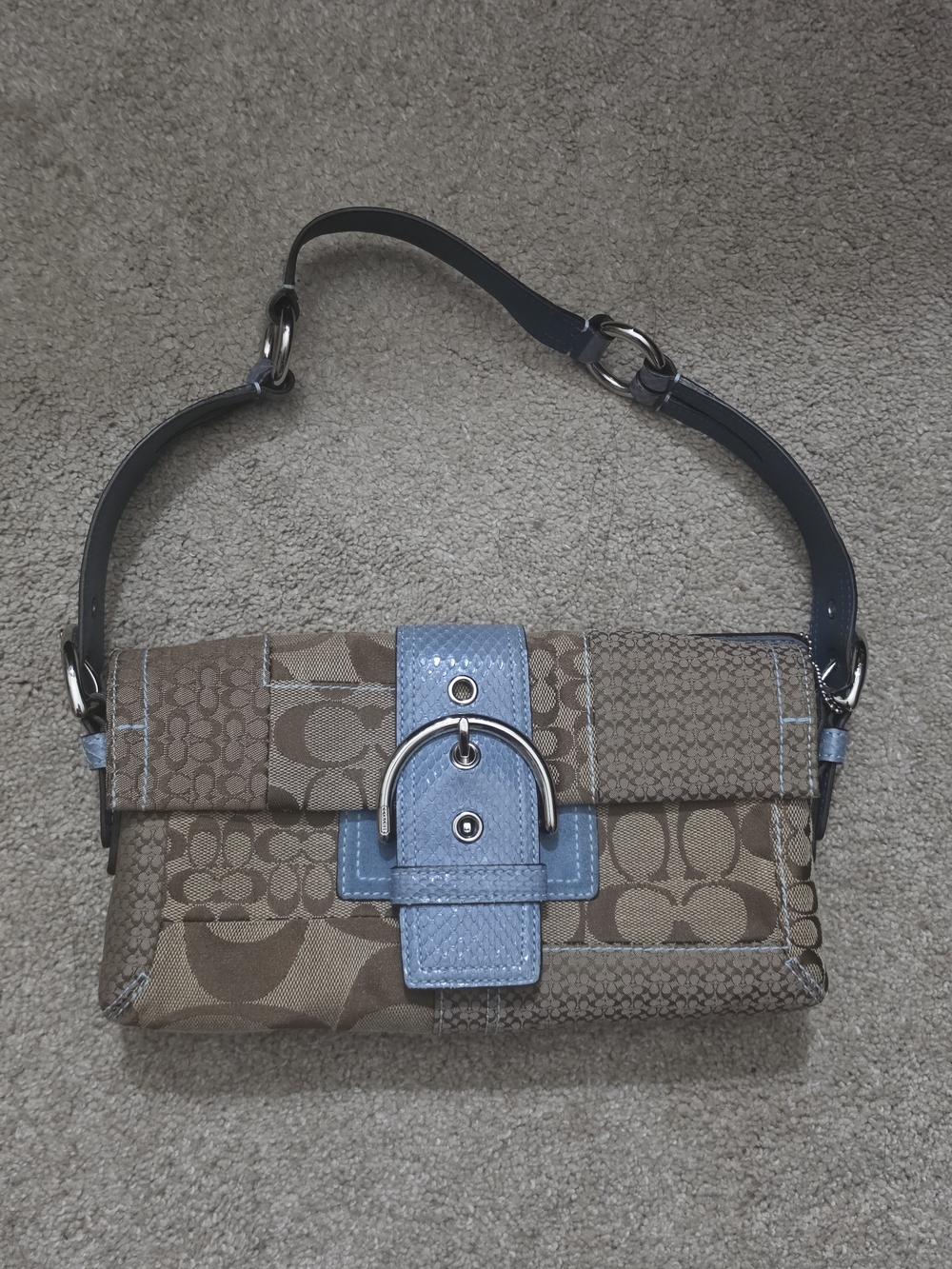 Coach Brown Signature Canvas Shoulder Bag with Light Blue Trim